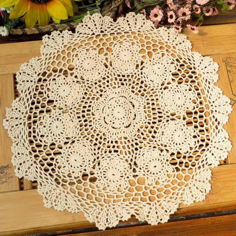 Phantomon Lace Doilies Crochet Cloth Table Placemat Handmade Round Coasters Rosary Doily, 100% Cotton Pack of 4, 15 inch (40cm x 40cm) (Beige) - Image 1